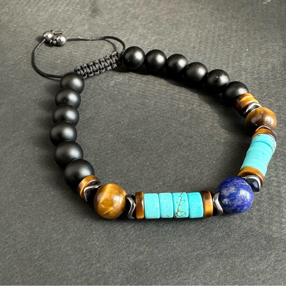 Mens Lapis, Tigers eye and Turquoise Bracelet beaded gemstone bracelet - Picture 3 of 4